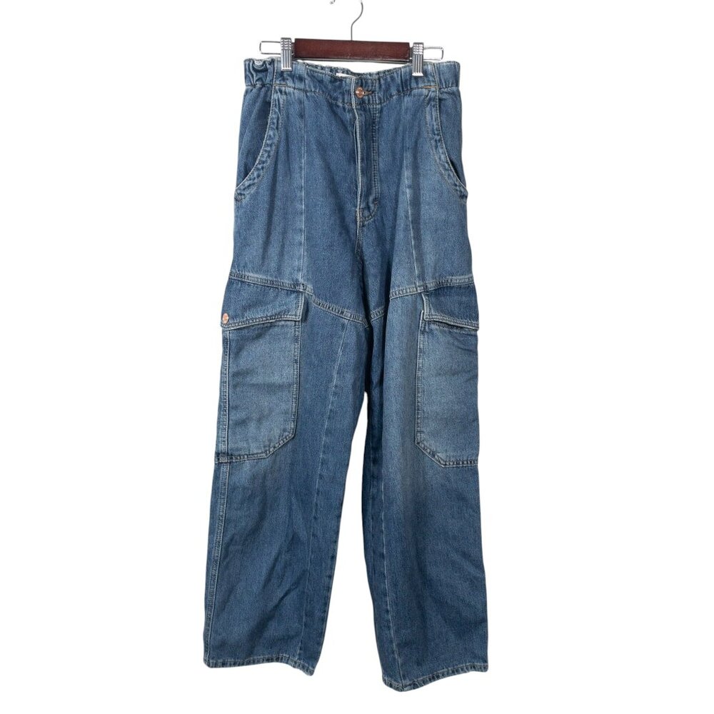 We The Free Slouchy Cargo Blue Jeans Baggy Pocket SZ S Y2K Relaxed High Waist